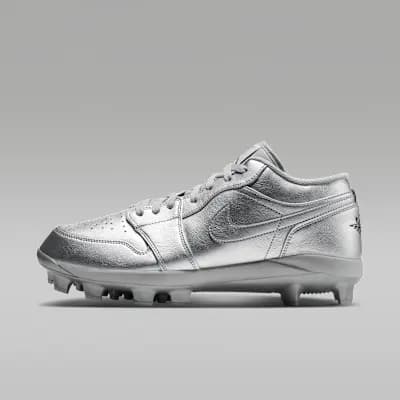 Jordan 1 Retro MCS Low Men's Baseball Cleats Metallic Silver/Black [Metallic Silver/Black, Perforations on the toes add breathability., Low-cut collar]