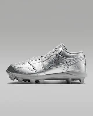 Jordan 1 Retro MCS Low Men's Baseball Cleats Metallic Silver/Black [Metallic Silver/Black, Perforations on the toes add breathability., Low-cut collar]