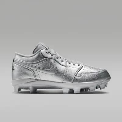 Jordan 1 Retro MCS Low Men's Baseball Cleats Metallic Silver/Black [Metallic Silver/Black, Perforations on the toes add breathability., Low-cut collar]