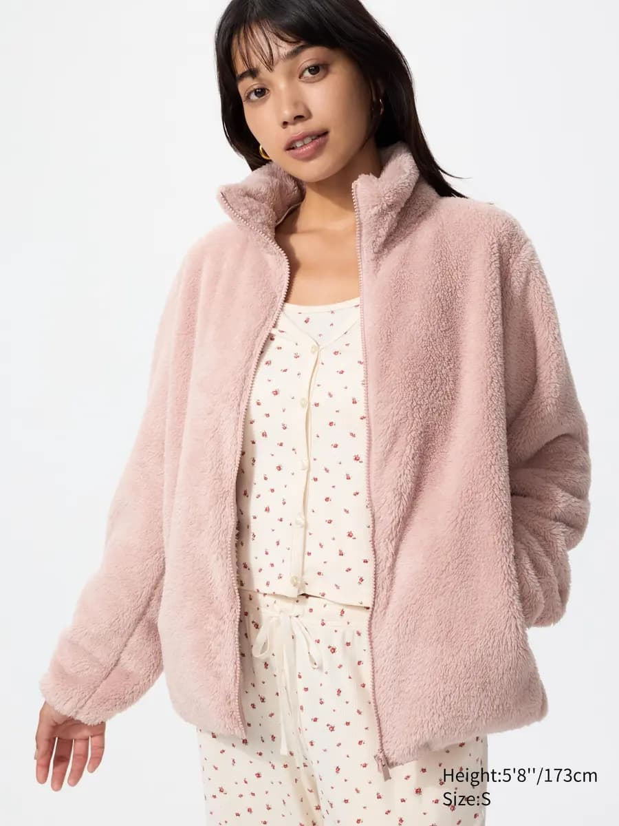Uniqlo Fluffy Yarn Fleece Full-Zip Jacket Pink [Imported, Machine washable for easy care., PINK]