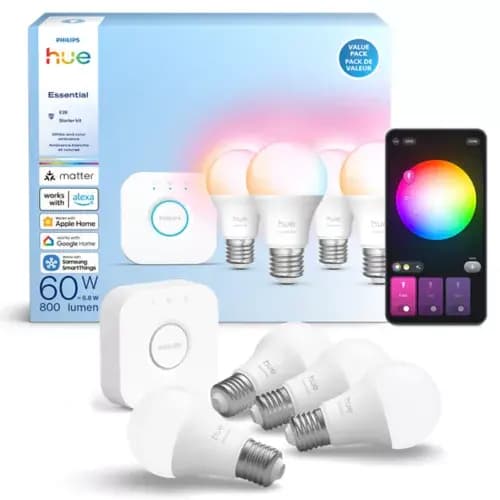 Philips Hue Essential starter kit: 4 E26 smart bulbs (800 lm) [046677608989, 60 x 109, White]
