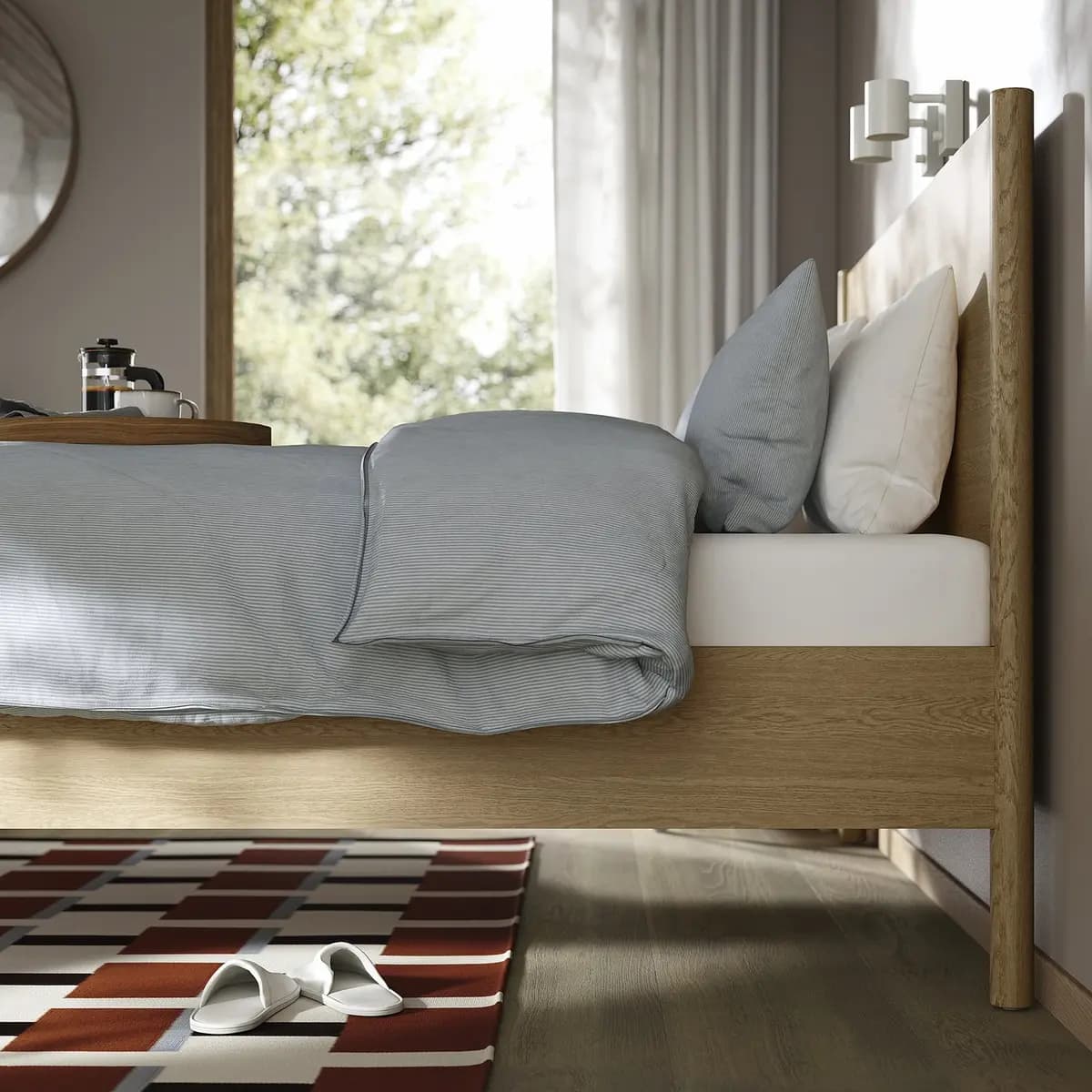 IKEA TONSTAD Bed frame, oak veneer Queen [Footboard height 18 1/2 ", Height under furniture 9 ", Height 45 5/8 "]