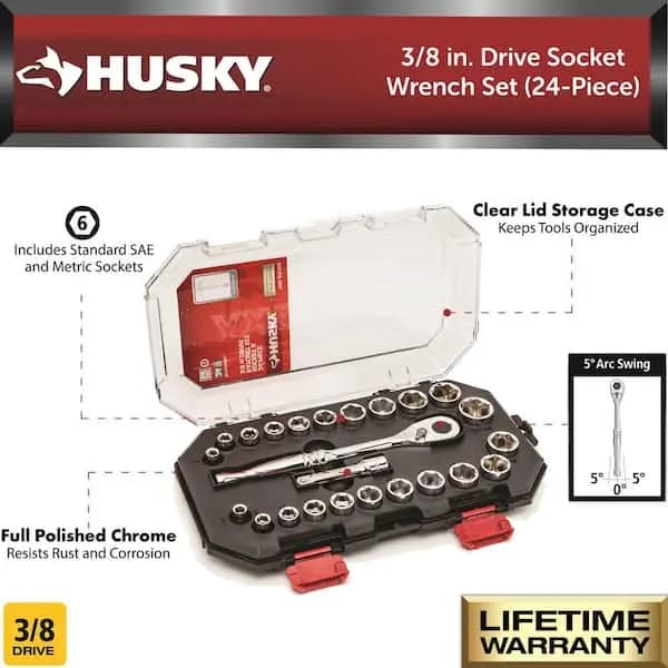 Husky 24-Piece SAE/Metric 3/8 in. Drive Ratchet and Socket Set with Case, H3D24PCSWS [Carrier Type: Hard Shell Carrier, Features: No Additional Features, Hand Tool Type: Ratchet & 