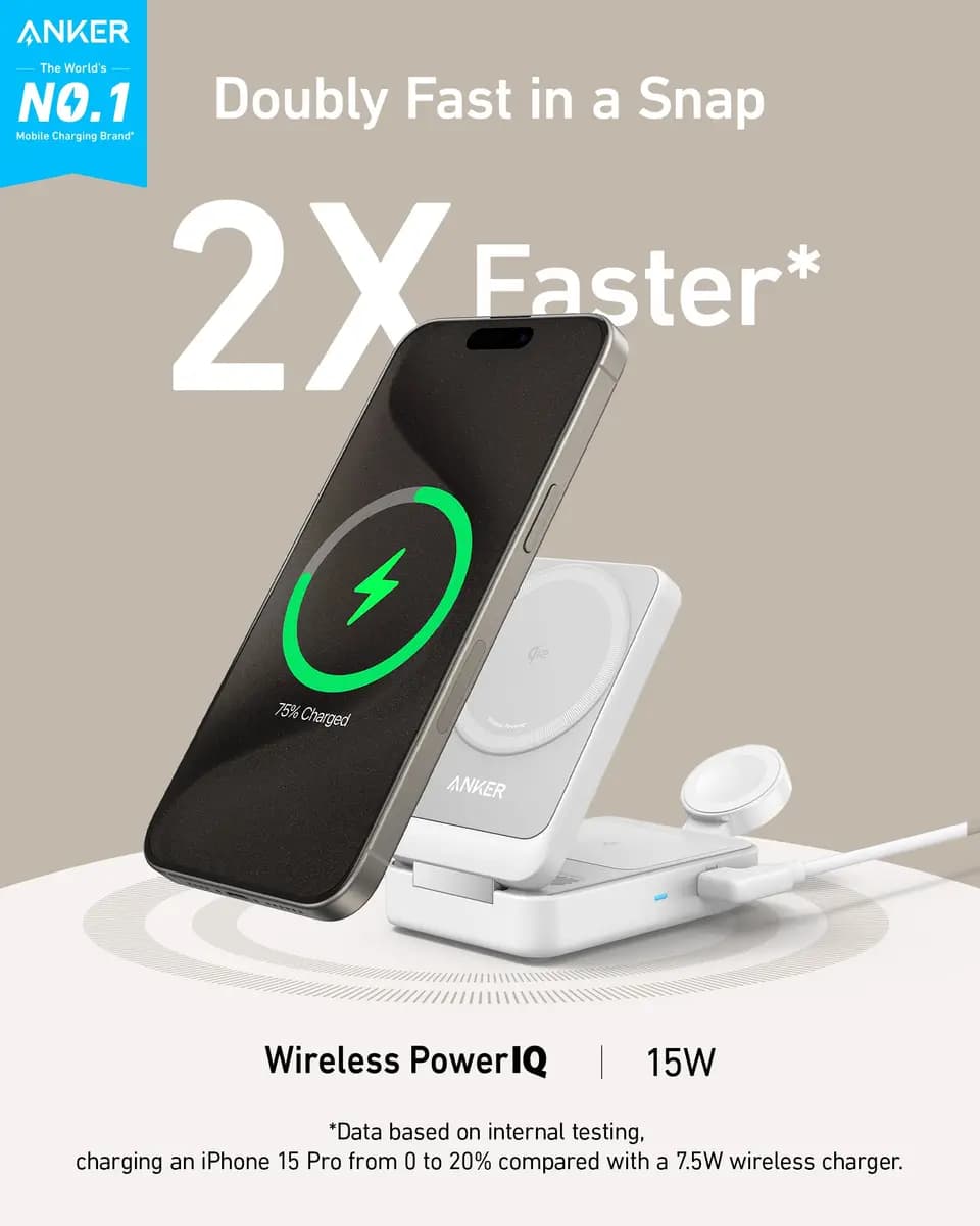 Anker MagGo Wireless Charging Station (Foldable 3-in-1) [25W, 12V⎓3A / 15V⎓2.66A, - Phone: 15W Max]