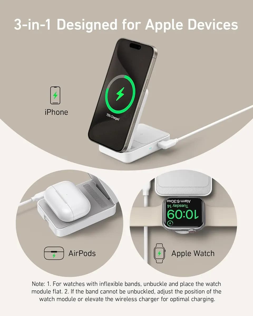 Anker MagGo Wireless Charging Station (Foldable 3-in-1) [25W, 12V⎓3A / 15V⎓2.66A, - Phone: 15W Max]