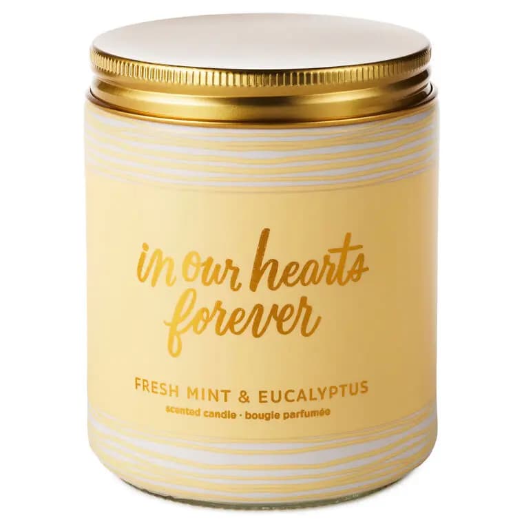 In Our Hearts Forever Fresh Mint & Eucalyptus Scented Jar Candle, 7 oz. [On front: In our hearts forever; On, 7 oz.; 2.62'' W x 3.62'' H x 2.62'', 1, Candle]