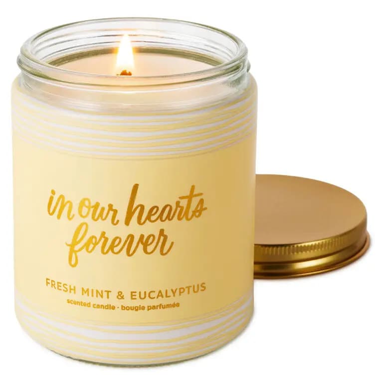 In Our Hearts Forever Fresh Mint & Eucalyptus Scented Jar Candle, 7 oz. [On front: In our hearts forever; On, 7 oz.; 2.62'' W x 3.62'' H x 2.62'', 1, Candle]