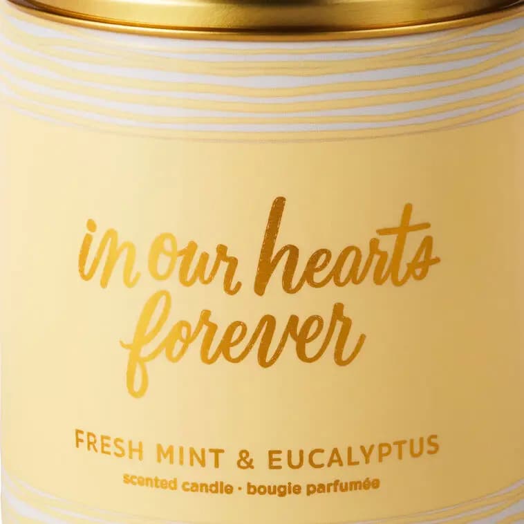 In Our Hearts Forever Fresh Mint & Eucalyptus Scented Jar Candle, 7 oz. [On front: In our hearts forever; On, 7 oz.; 2.62'' W x 3.62'' H x 2.62'', 1, Candle]