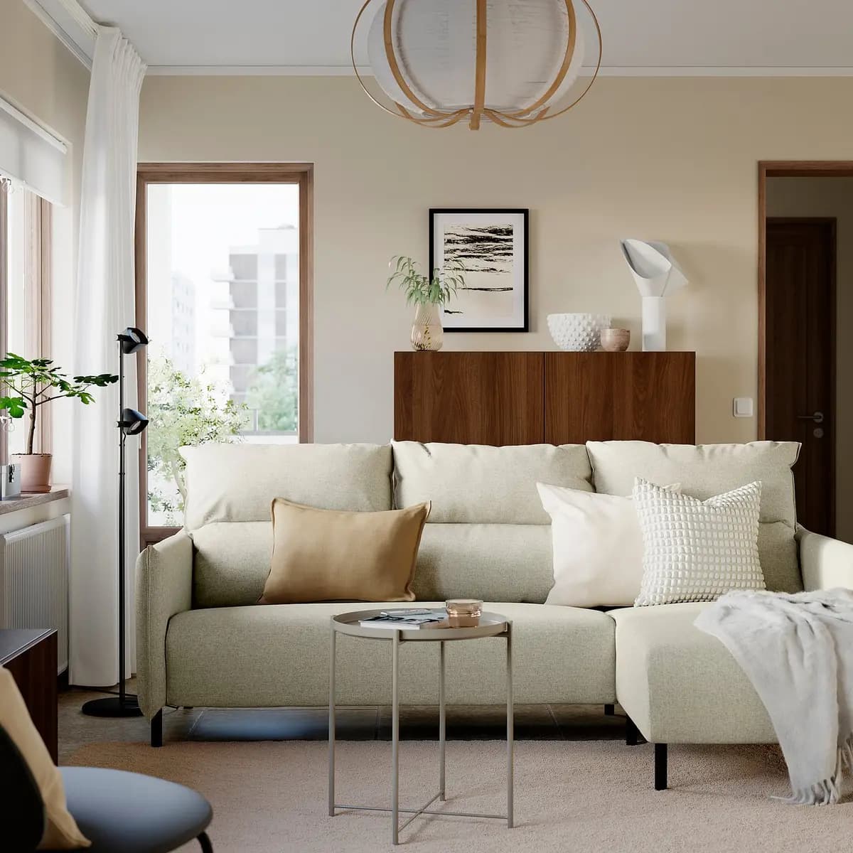IKEA MANNARP Sofa with chaise, Gunnared beige [Armrest height 25 5/8 ", Depth 37 3/8 ", Height under furniture 6 1/4 "]