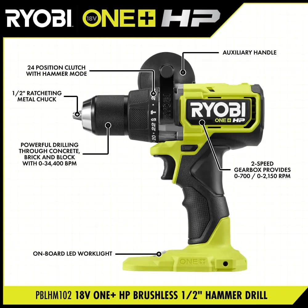 RYOBI 18V ONE+ HP Brushless 1/2" Hammer Drill Kit [Torque Up to 850 in-lbs., RPM 0 - 700 / 0 - 2,150, Chuck 1/2"]