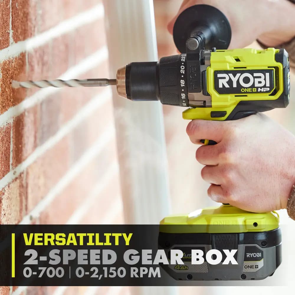 RYOBI 18V ONE+ HP Brushless 1/2" Hammer Drill Kit [Torque Up to 850 in-lbs., RPM 0 - 700 / 0 - 2,150, Chuck 1/2"]