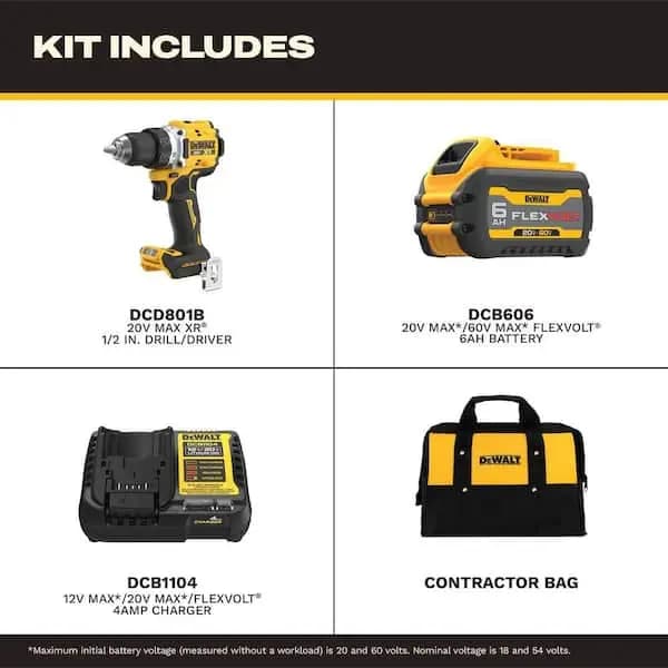 DEWALT 20V MAX XR Lithium-Ion Brushless Cordless 1/2 in. Drill/Driver Kit with 6.0 Ah FLEXVOLT Battery, Charger and Kitbag, DCD801T1 [Battery Amp Hours: 6 Ah, Battery Power Type: L