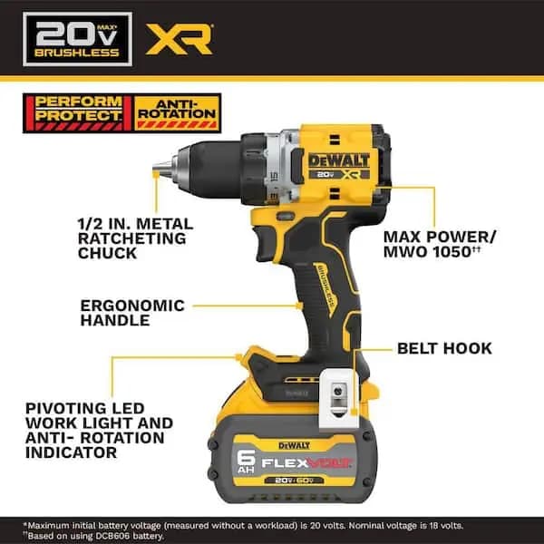 DEWALT 20V MAX XR Lithium-Ion Brushless Cordless 1/2 in. Drill/Driver Kit with 6.0 Ah FLEXVOLT Battery, Charger and Kitbag, DCD801T1 [Battery Amp Hours: 6 Ah, Battery Power Type: L