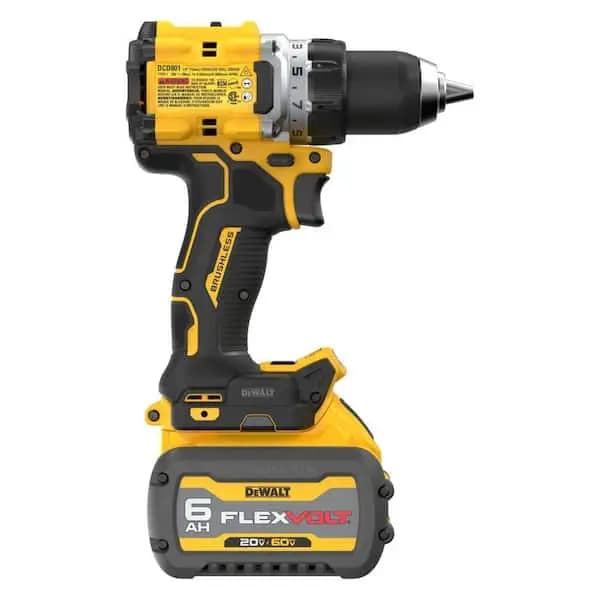 DEWALT 20V MAX XR Lithium-Ion Brushless Cordless 1/2 in. Drill/Driver Kit with 6.0 Ah FLEXVOLT Battery, Charger and Kitbag, DCD801T1 [Battery Amp Hours: 6 Ah, Battery Power Type: L