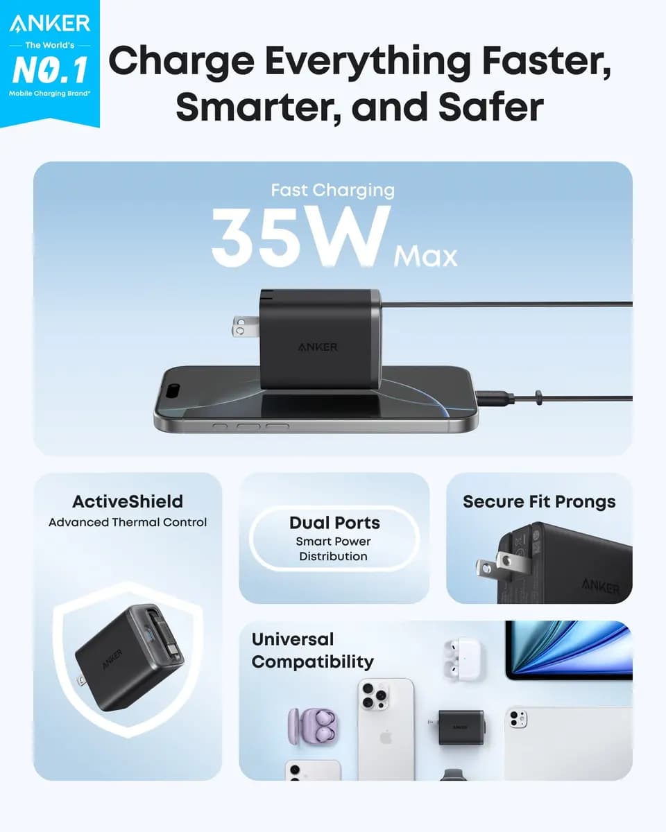 Anker Bundle kit:Anker Nano Charger (35W, Built-In Retractable USB-C Cable) —2- Pack [35W, 100-240V~, 1.2A, 50-60Hz, USB-C1 (Retractable Cable Port)]