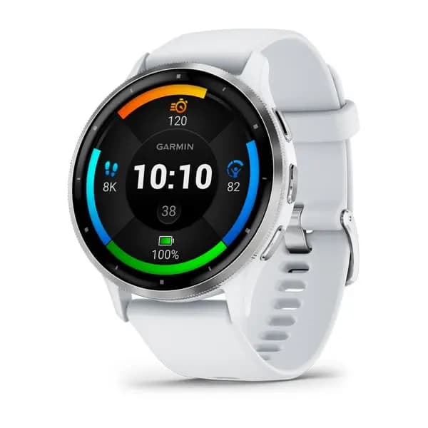 Garmin Venu 3 Silver Stainless Steel Bezel with Whitestone Case and Silicone Band [AMOLED (optional always-on mode), Swim, 5 ATM, 1.2" (30.4 mm) diameter]