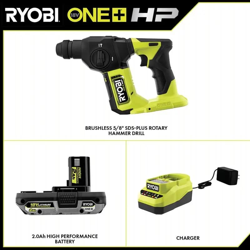 RYOBI 18V ONE+ HP Compact Brushless 5/8" SDS-Plus Rotary Hammer Kit [Amp Hours 2.0 Ah, Voltage 18V, Charge Time 60 Minutes]