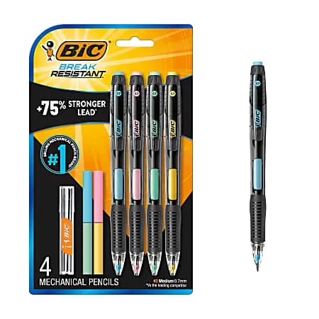BIC Break Resistant Mechanical Pencils with Erasers, No. 2 Medium Point (0.7mm), Pack Of 4 [Color (Barrel) Black, Lead Size 0.7 mm, Number of Packs/Boxes 1, Number of Pencils Per P
