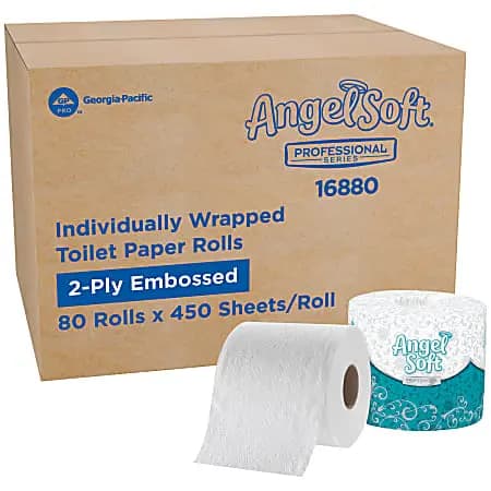 Angel Soft Professional Series® 2-Ply Embossed Toilet Paper, 20% Recycled Fiber, 80 Rolls per Case, 450 Sheets per Roll [color White, size class Standard, number of sheets per roll