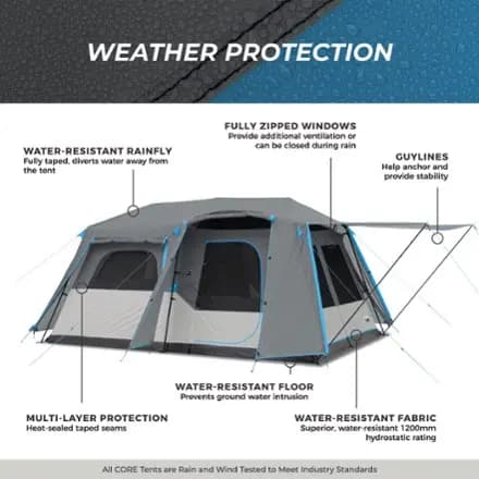 CORE Equipment 9-Person Lighted Instant Cabin Tent with Full Rainfly Blue/gray [Camping, 3-season, 8+ people]