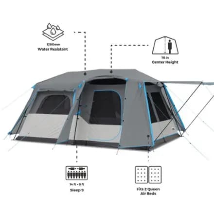CORE Equipment 9-Person Lighted Instant Cabin Tent with Full Rainfly Blue/gray [Camping, 3-season, 8+ people]
