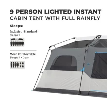 CORE Equipment 9-Person Lighted Instant Cabin Tent with Full Rainfly Blue/gray [Camping, 3-season, 8+ people]