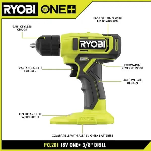 RYOBI ONE+ 18V Cordless 3/8 in. Drill/Driver Kit with Battery and Charger, PCL201K1 [Battery Amp Hours: 2 Ah, Battery Power Type: Lithium Ion, Battery Voltage (V): 18V]