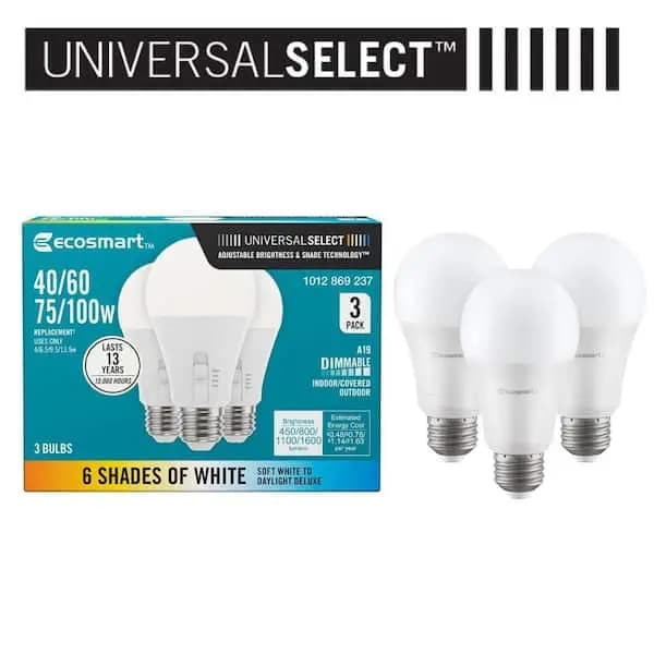 EcoSmart Universal Select 40/60/75/100-Watt Equivalent A19 Dimmable LED Light Bulb with Selectable Color Temperature (3-Pack), 15A1960WS6CCT01 [Actual Color Temperature (K): 2700,3
