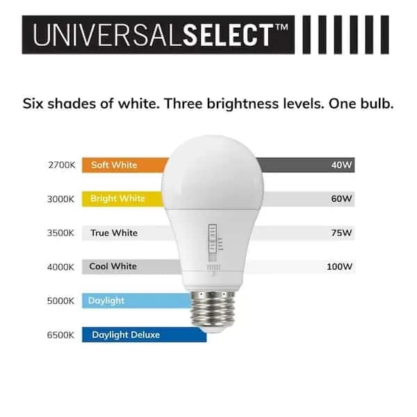 EcoSmart Universal Select 40/60/75/100-Watt Equivalent A19 Dimmable LED Light Bulb with Selectable Color Temperature (3-Pack), 15A1960WS6CCT01 [Actual Color Temperature (K): 2700,3