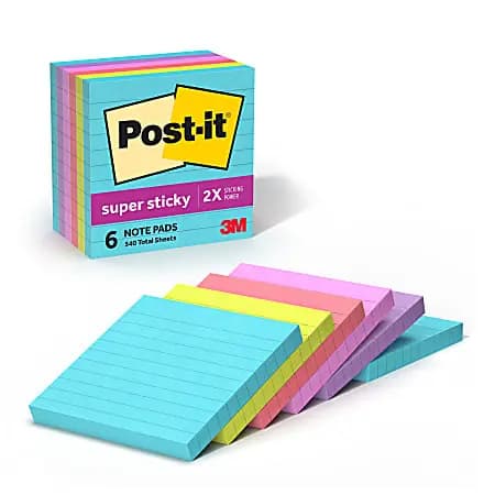 Post-it® Super Sticky Notes, 4 x 4 in, 6 Lined Sticky Note Pads, 90 Sheets/Pad, 2X the Sticking Power, School and Office Supplies, Supernova Neons [number of notes per pad 90, Note