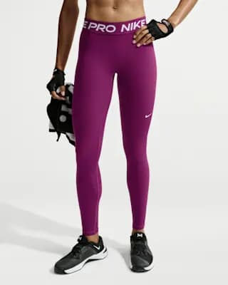 Nike Pro Women's Mid-Rise Full-Length Leggings True Berry/White [True Berry/White, 78-83% polyester/17-22% spandex, Machine Wash]