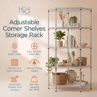 Honey-Can-Do 5Tier Corner Shelving Storage Organizer, 350lb Shelf Capacity, Gray [Steel Alloy, 40.26 pounds, 5]