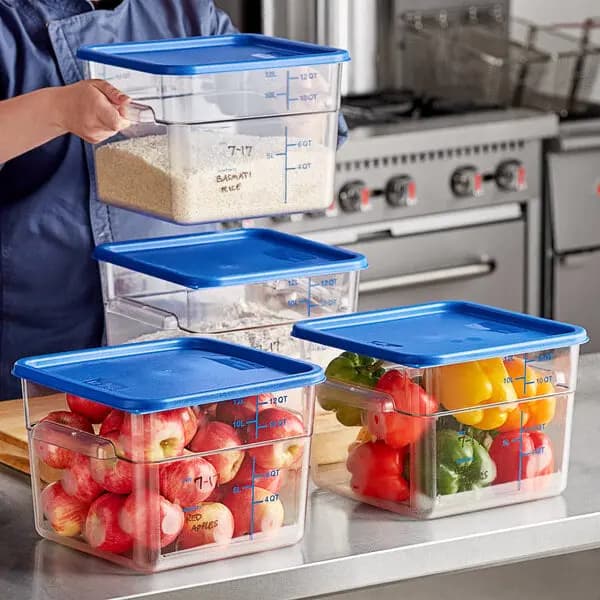 Vigor 12 Qt. Clear Square Polycarbonate Food Storage Container and Blue Lid - 6/Pack [Length 11 1/8 Inches, Width 11 1/8 Inches, Height 8 1/4 Inches, Capacity 12 qt.]