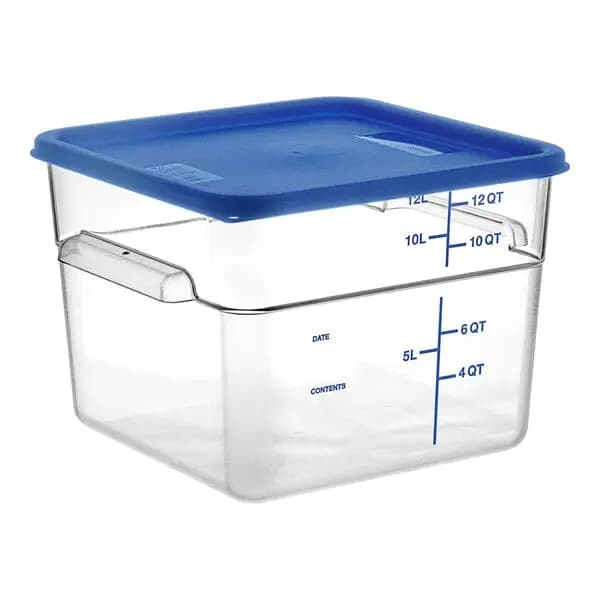 Vigor 12 Qt. Clear Square Polycarbonate Food Storage Container and Blue Lid - 6/Pack [Length 11 1/8 Inches, Width 11 1/8 Inches, Height 8 1/4 Inches, Capacity 12 qt.]
