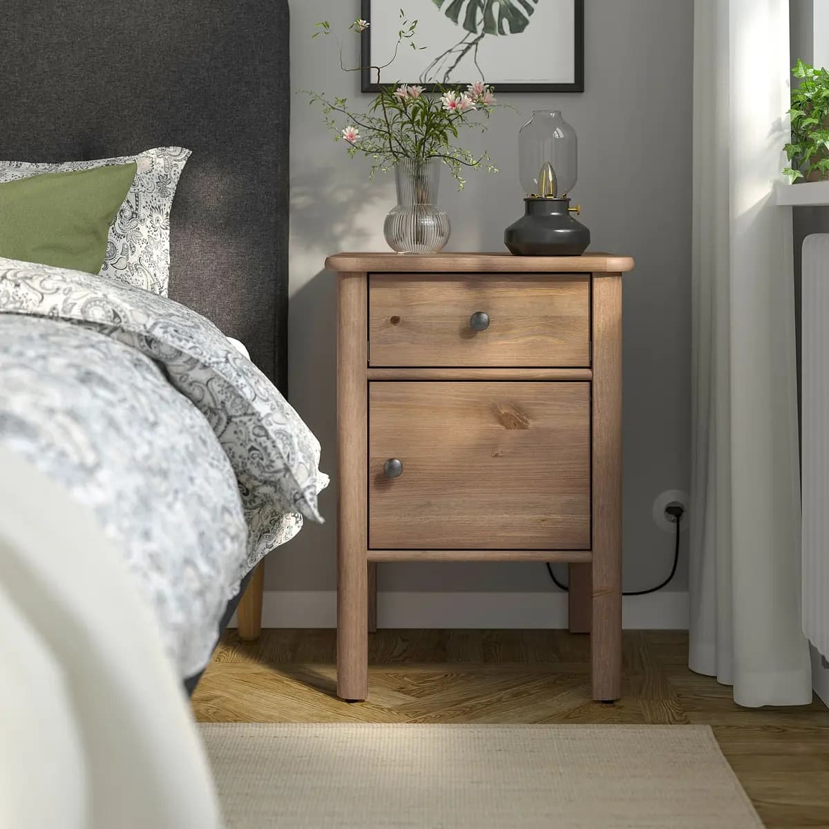 IKEA STOREMOLLA Nightstand, gray-brown stained 19 5/8x19 5/8x28 3/8 " [Depth 19 5/8 ", Height under furniture 9 ", Height 28 3/8 "]