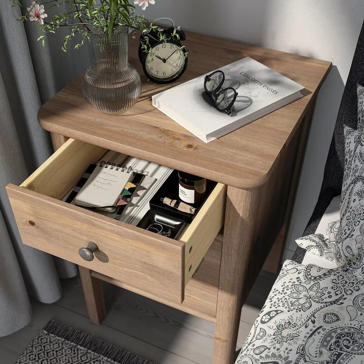 IKEA STOREMOLLA Nightstand, gray-brown stained 19 5/8x19 5/8x28 3/8 " [Depth 19 5/8 ", Height under furniture 9 ", Height 28 3/8 "]