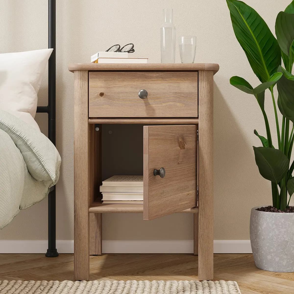 IKEA STOREMOLLA Nightstand, gray-brown stained 19 5/8x19 5/8x28 3/8 " [Depth 19 5/8 ", Height under furniture 9 ", Height 28 3/8 "]