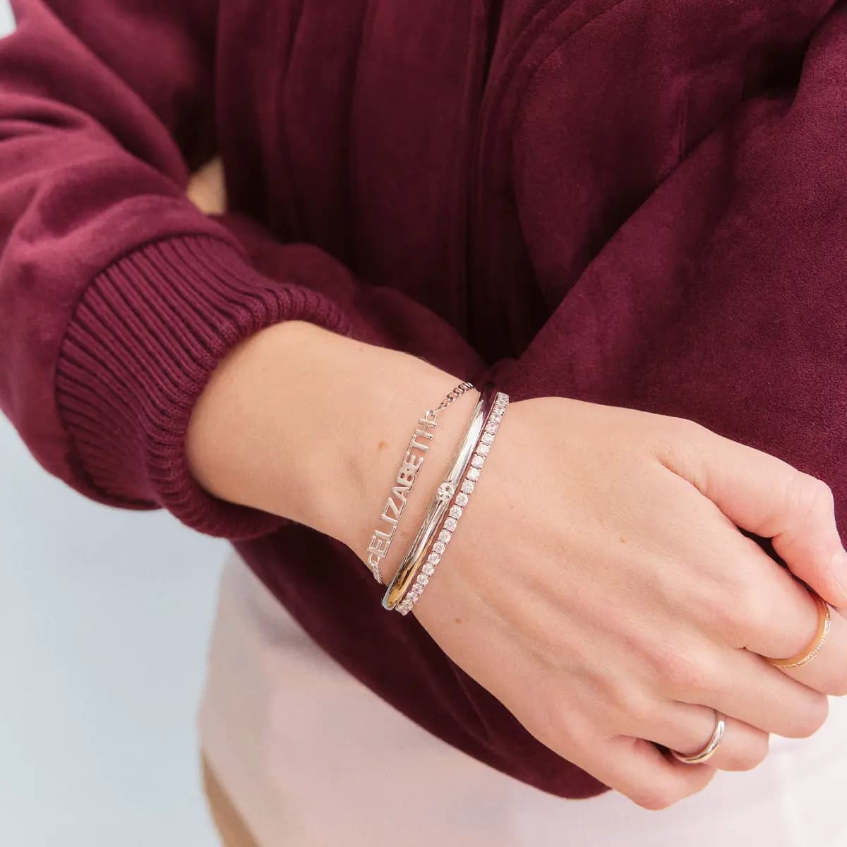BaubleBar Curb Chain Custom Bracelet - Silver Script [Set on a smooth curb chain, Customize with up to 10 letters in the fon, Available in glossy gold or sleek silver,]