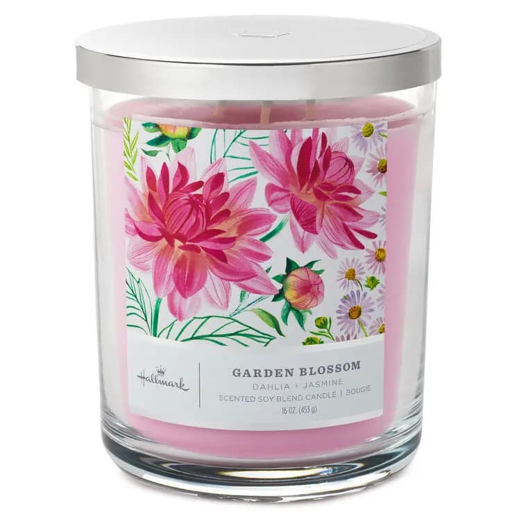 Garden Blossom 3-Wick Jar Candle, 16 oz. [Dimensions 3.7" dia. x 5" H, Material Glass, metal and wax., Count 1, Scent Dahlia and jasmine.]