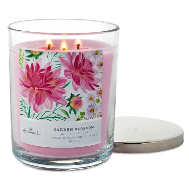 Garden Blossom 3-Wick Jar Candle, 16 oz. [Dimensions 3.7" dia. x 5" H, Material Glass, metal and wax., Count 1, Scent Dahlia and jasmine.]