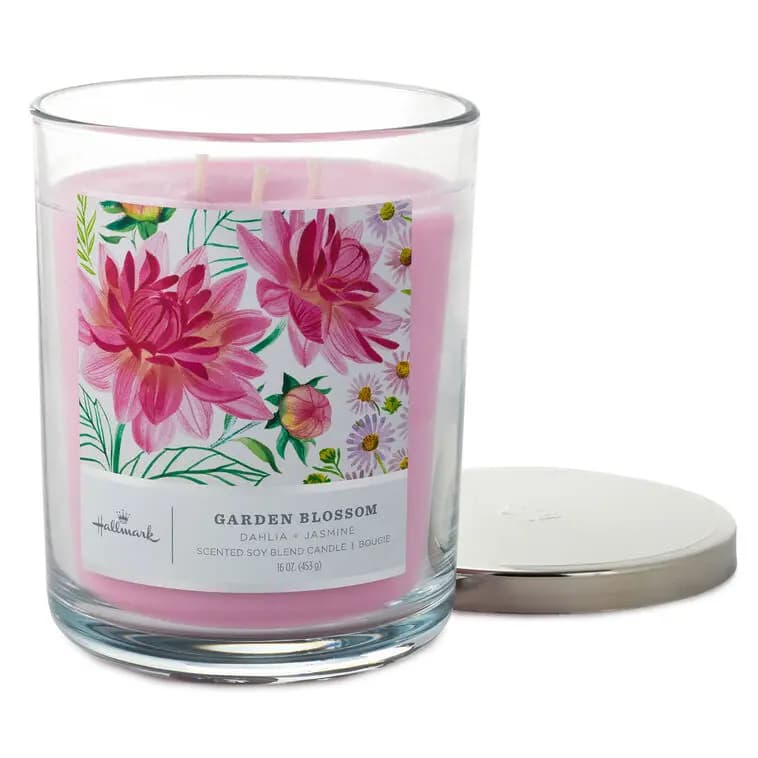 Garden Blossom 3-Wick Jar Candle, 16 oz. [Dimensions 3.7" dia. x 5" H, Material Glass, metal and wax., Count 1, Scent Dahlia and jasmine.]
