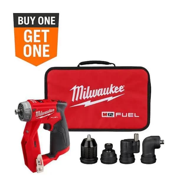 Milwaukee M12 FUEL 12V Lithium-Ion Brushless Cordless 4-in-1 Installation 3/8 in. Drill Driver with 4 Tool Head (Tool-Only), 2505-20 [Battery Amp Hours: No Battery, Battery Power T