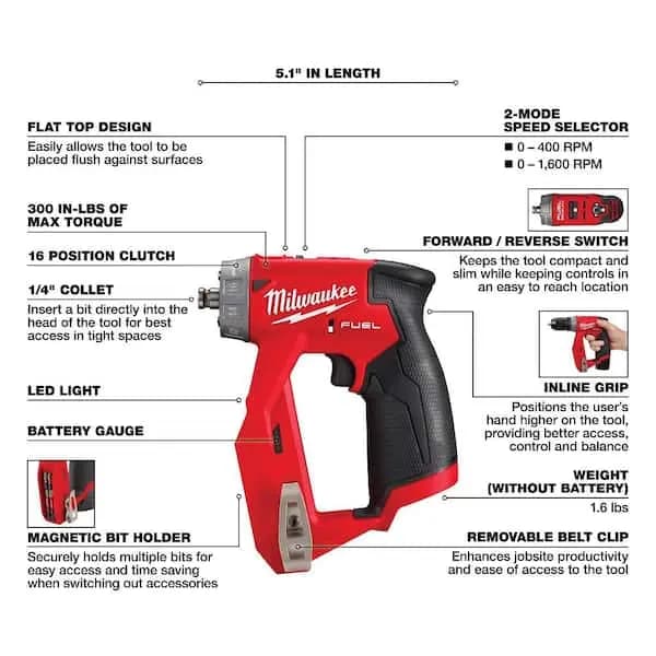 Milwaukee M12 FUEL 12V Lithium-Ion Brushless Cordless 4-in-1 Installation 3/8 in. Drill Driver with 4 Tool Head (Tool-Only), 2505-20 [Battery Amp Hours: No Battery, Battery Power T
