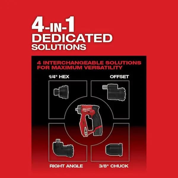Milwaukee M12 FUEL 12V Lithium-Ion Brushless Cordless 4-in-1 Installation 3/8 in. Drill Driver with 4 Tool Head (Tool-Only), 2505-20 [Battery Amp Hours: No Battery, Battery Power T