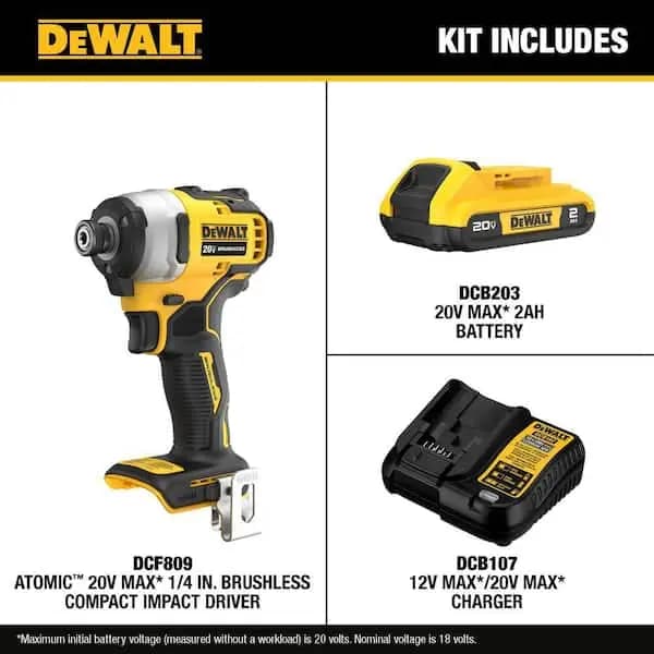 DEWALT Atomic 20V Max Lithium-Ion Brushless Cordless Compact 1/4 in. Impact Driver Kit with 2.0Ah Battery and Charger, DCF809D1 [Battery Amp Hours: 2 Ah, Battery Power Type: Lithiu