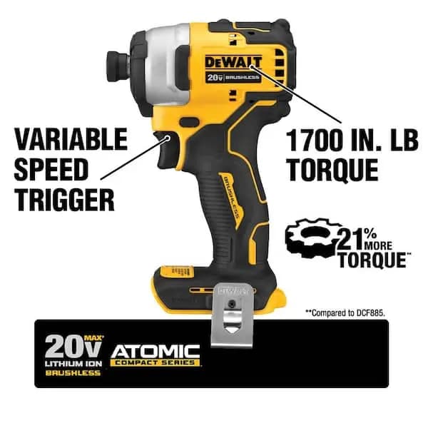 DEWALT Atomic 20V Max Lithium-Ion Brushless Cordless Compact 1/4 in. Impact Driver Kit with 2.0Ah Battery and Charger, DCF809D1 [Battery Amp Hours: 2 Ah, Battery Power Type: Lithiu