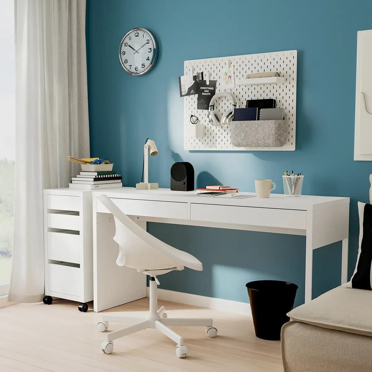 IKEA MICKE Desk, white 55 7/8x19 5/8 " [Max. load 110 lb, Maximum load/drawer 7 lb, Width 55 7/8 "]