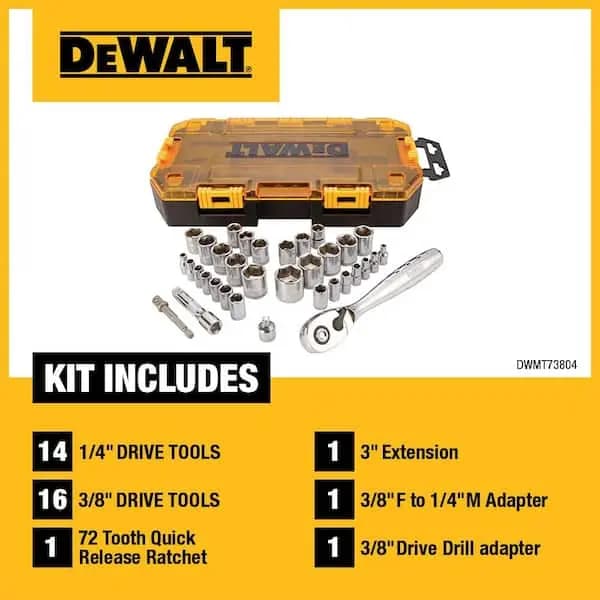 DEWALT 1/4 in. and 3/8 in. Drive Ratchet & Socket Set (34-Piece), DWMT73804 [Carrier Type: Hard Shell Carrier, Features: Adapter(s) included,Extension(s) included, Hand Tool Type: 