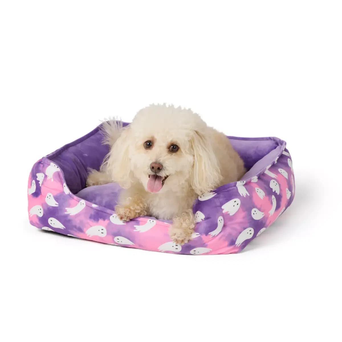 Thrills & Chills® Halloween Ghost Cuddler Dog Bed, ONESIZE 18 IN L X 20 IN W [Brand Thrills & Chills®, Includes 1 Bed, Color Purple, White & Pink, Dimensions 18 IN L X 20 IN W X 6.