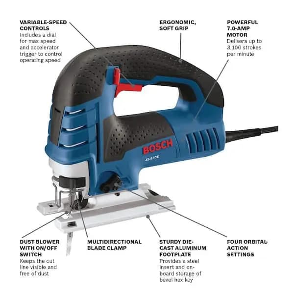 Bosch 7.0 Amp Top-Handle Jig Saw, JS470E [Amperage (A): 7 A, Bevel Capacity (degrees): 45 °, Color Family: Blue]